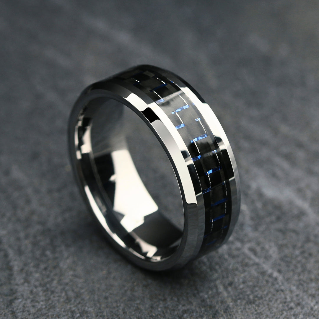Mens blue and black carbon fiber wedding band / Men's Silver Tungsten Wedding Ring