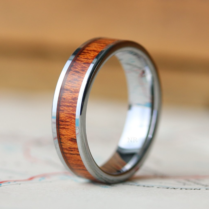 Men's Wedding Band - Silver Tungsten With Koa Wood Inlay: 6mm
