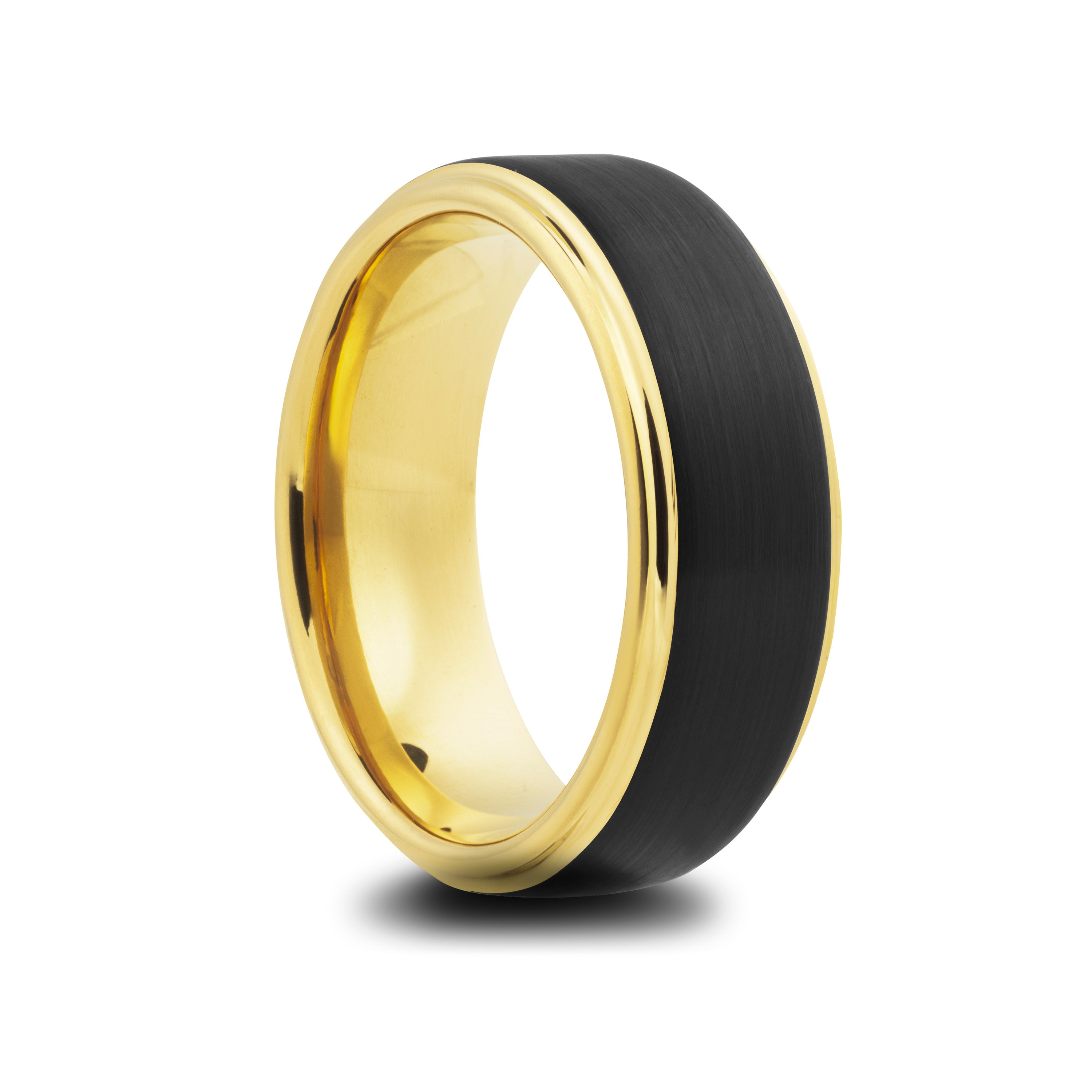 Men's - Tungsten Wedding Band / Black and Yellow Gold Plated: 8mm, Comfort Fit, Satin Center, Polished Step Down Edges, 13.5 | Northern Royal