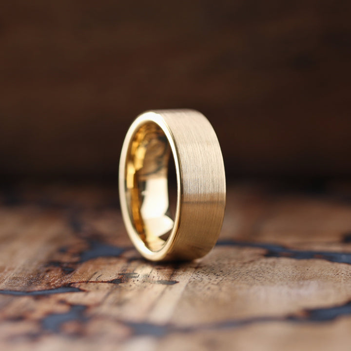 Golden Fored - Men's Gold Plated Tungsten Wedding Band with a Brushed Textured Finish and Polished Interior