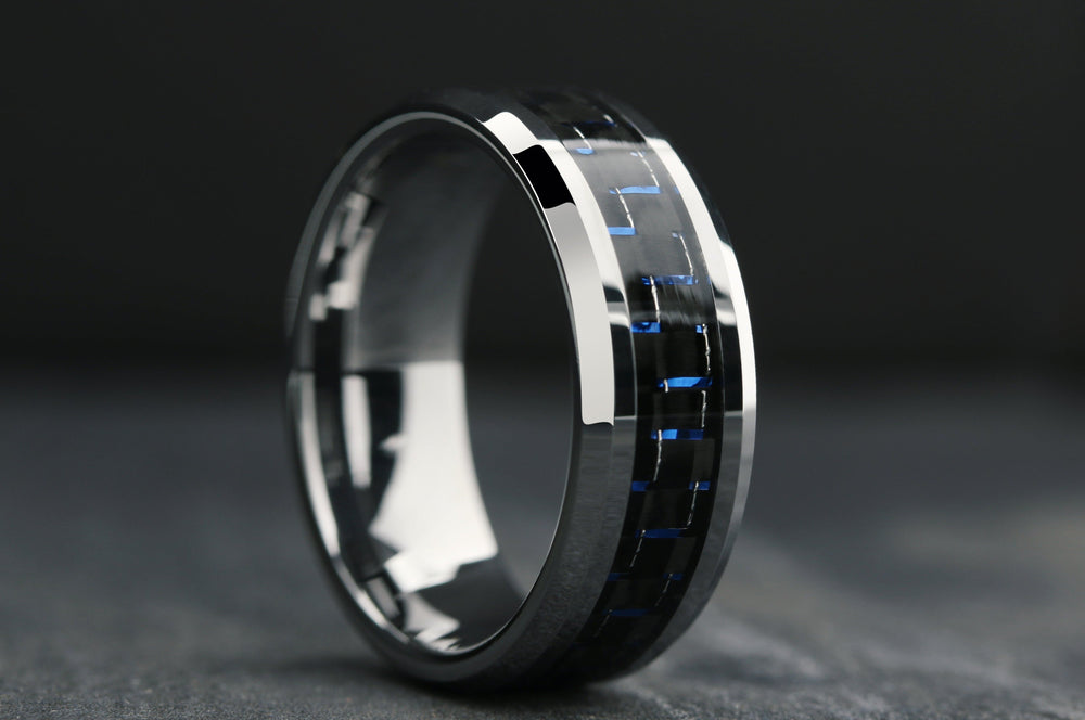 Men's Black and Blue Tungsten Wedding Band Crafted out of Silver Plated Tungsten