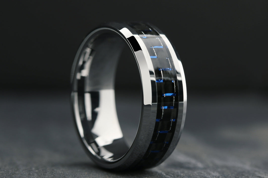 Men's Black and Blue Tungsten Wedding Band Crafted out of Silver Plated Tungsten
