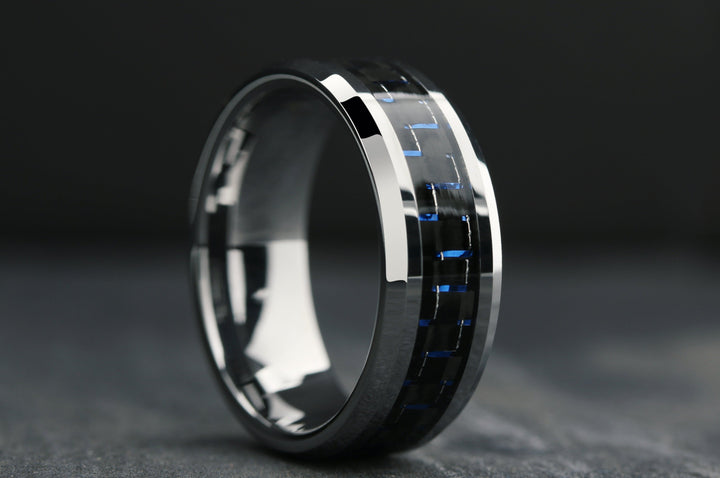 Men's Black and Blue Tungsten Wedding Band Crafted out of Silver Plated Tungsten