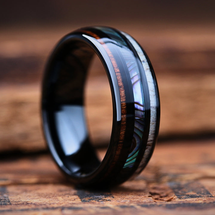 Land and Sea Ring - Men's Wood, Abalone, and Antler Ring