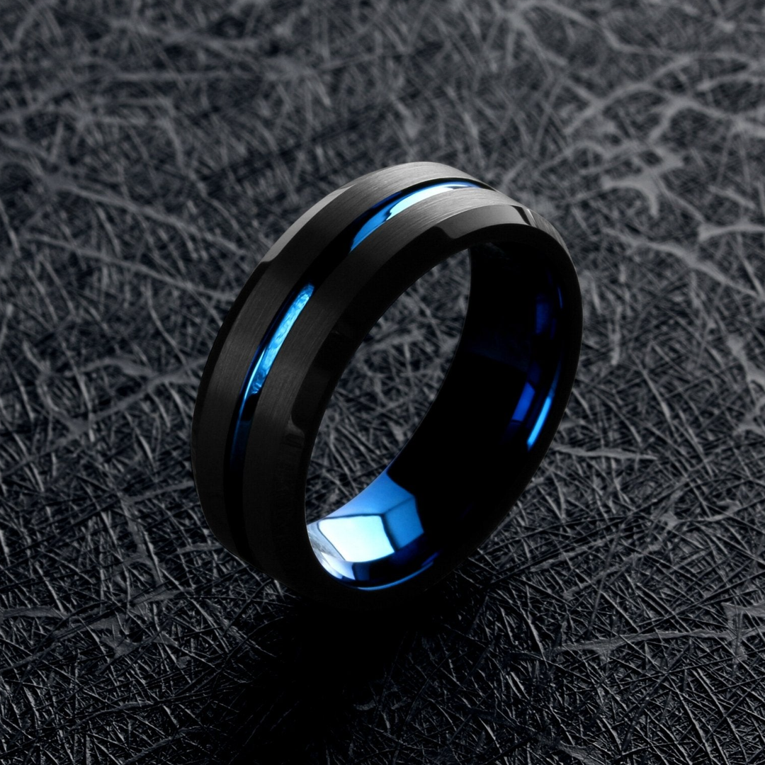 Men's Blue Wedding Band | Men's Black and Blue Tungsten Wedding Band
