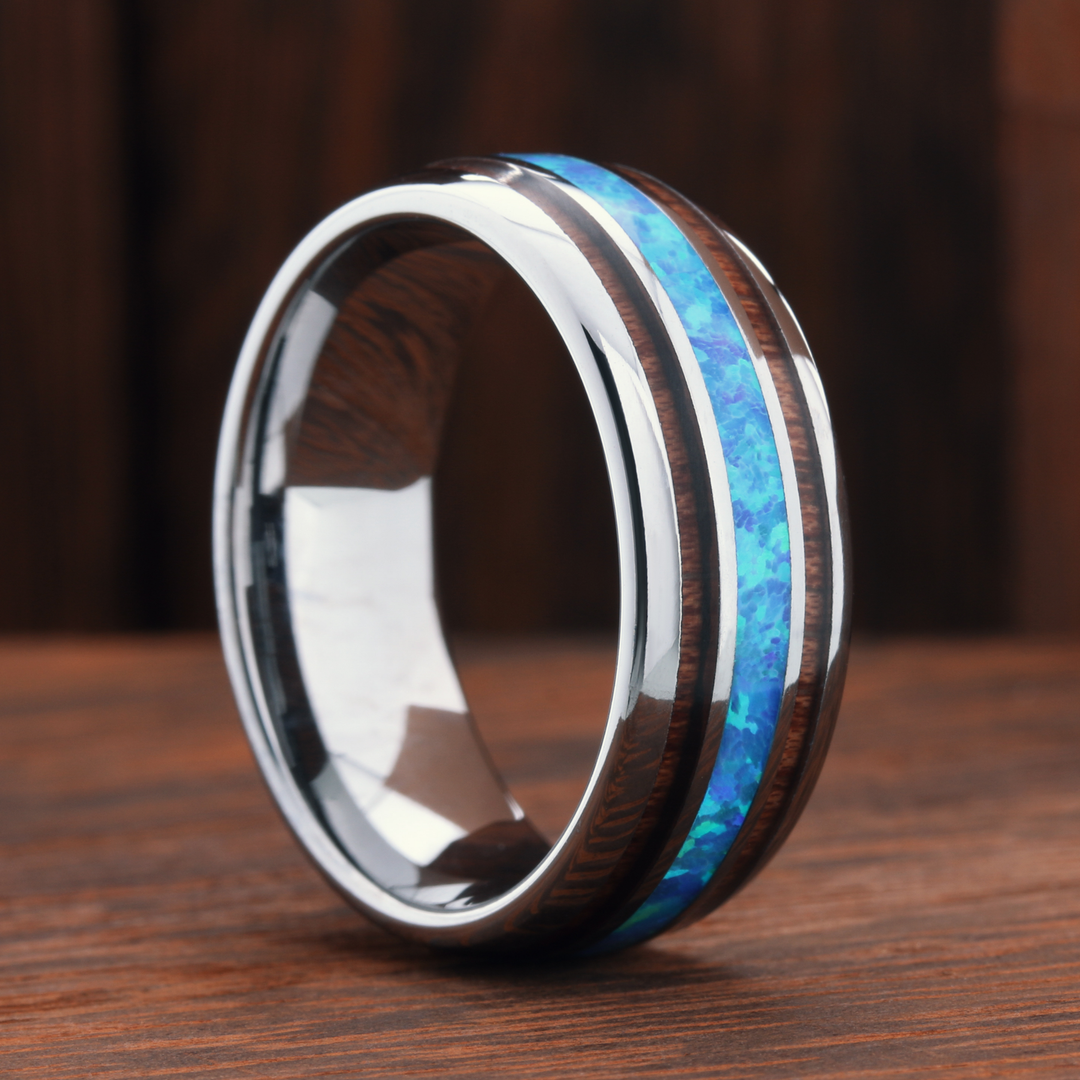 Men's Opal Wooden Barrel Ring - Men's Wedding Rings