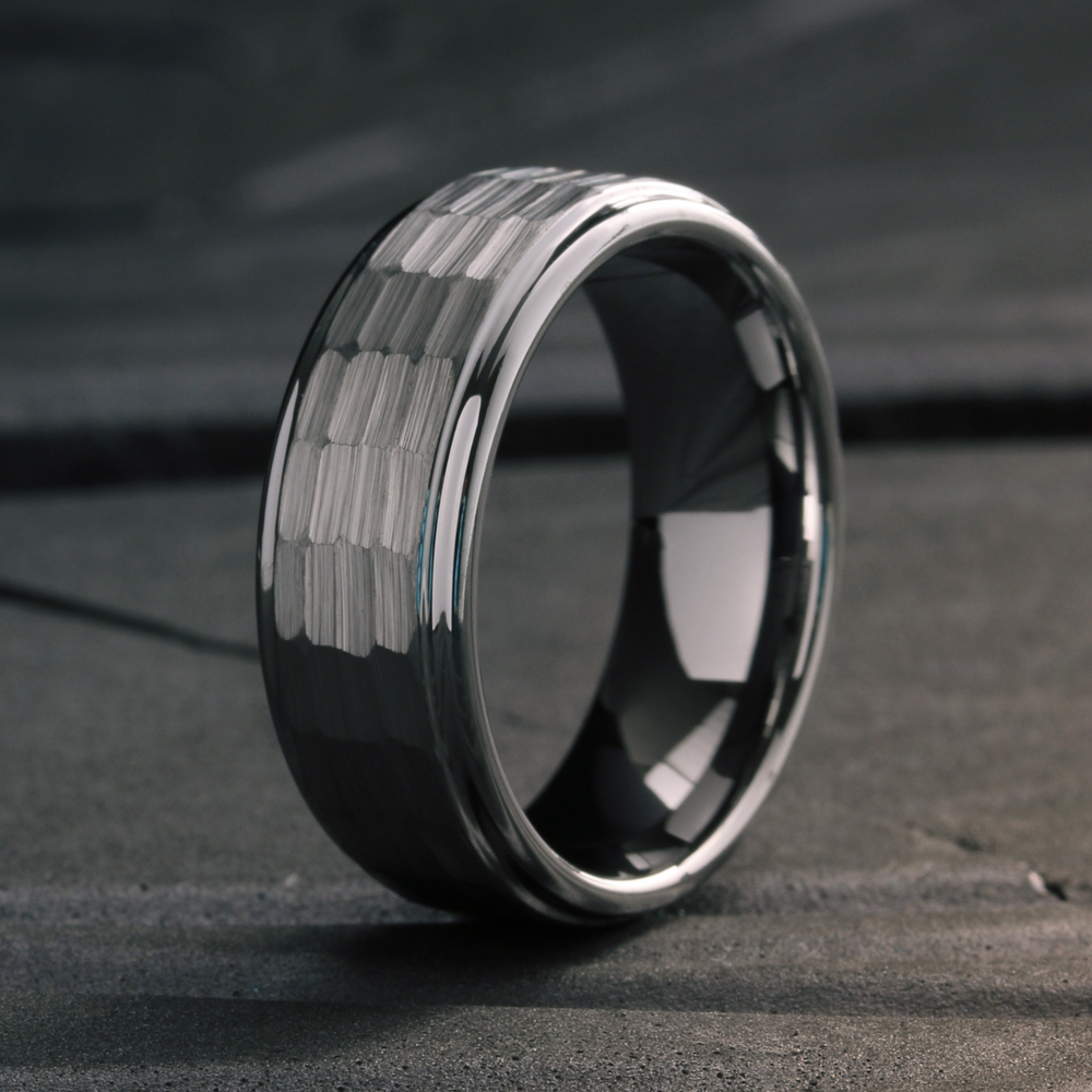 Men's Hammered Tungsten Wedding Band With Step Down Polish Edges