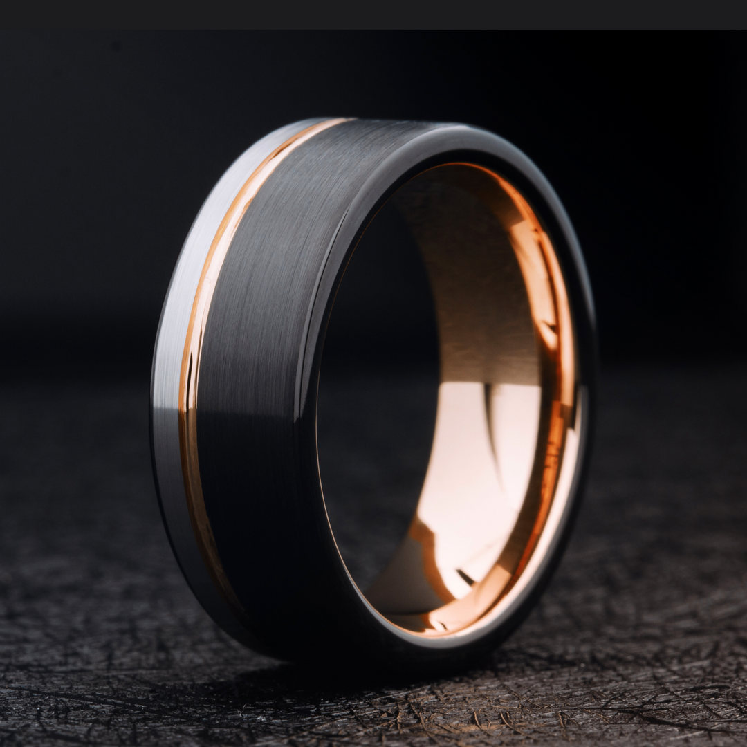 Men's Modern Rose Gold Wedding Band and Black / Men's Tungsten Wedding Band