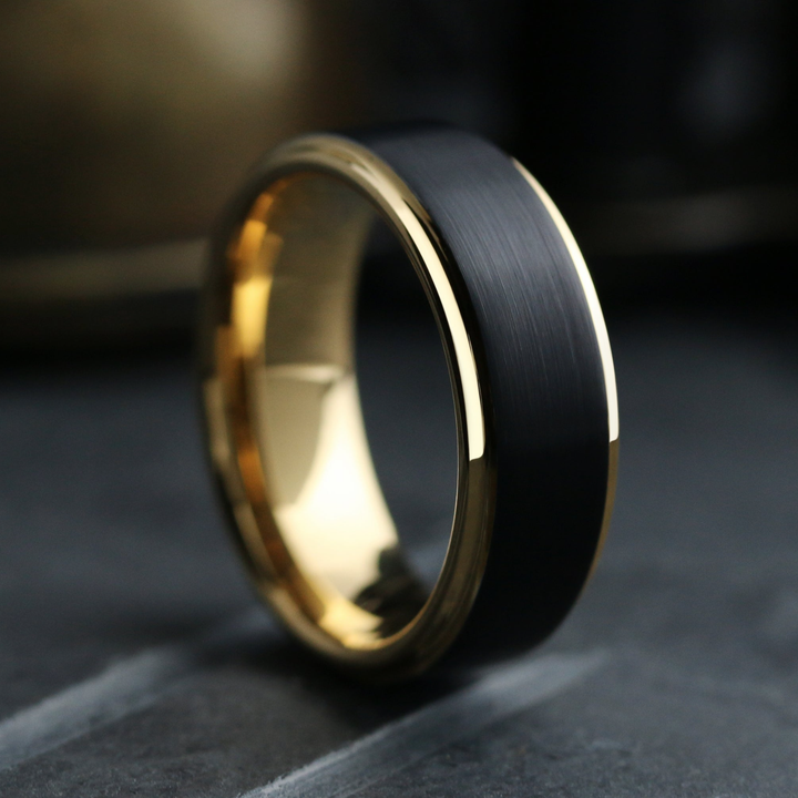 Men's Black and Yellow Gold Wedding Band - The Gatsby 3 / Men's Tungsten Yellow Gold Wedding Band