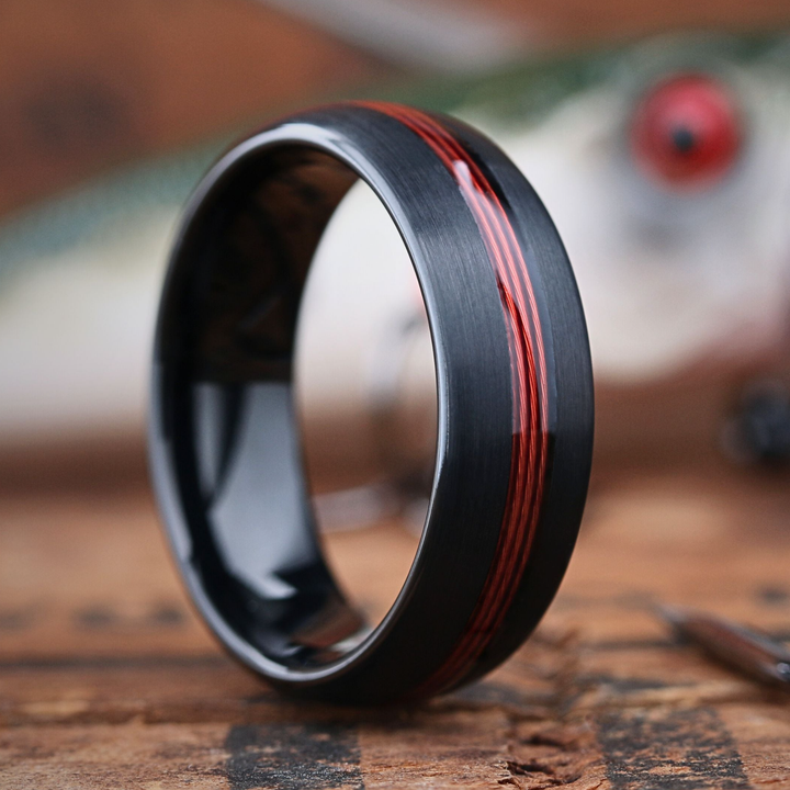 Men's Red Fishing Line Wedding Ring - Made Out of Red Fishing Line, Antler, and Wood.