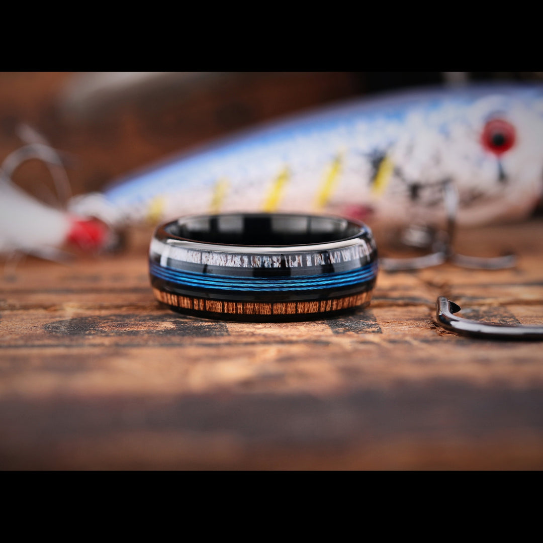 Men's Black Tungsten Wedding Band Crafted Out Of Blue Fishing Line, Wood, and Antler