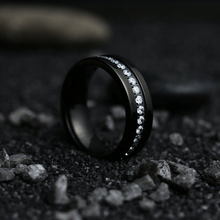 Men's Black Titanium Wedding Band With CZ Diamond Channel
