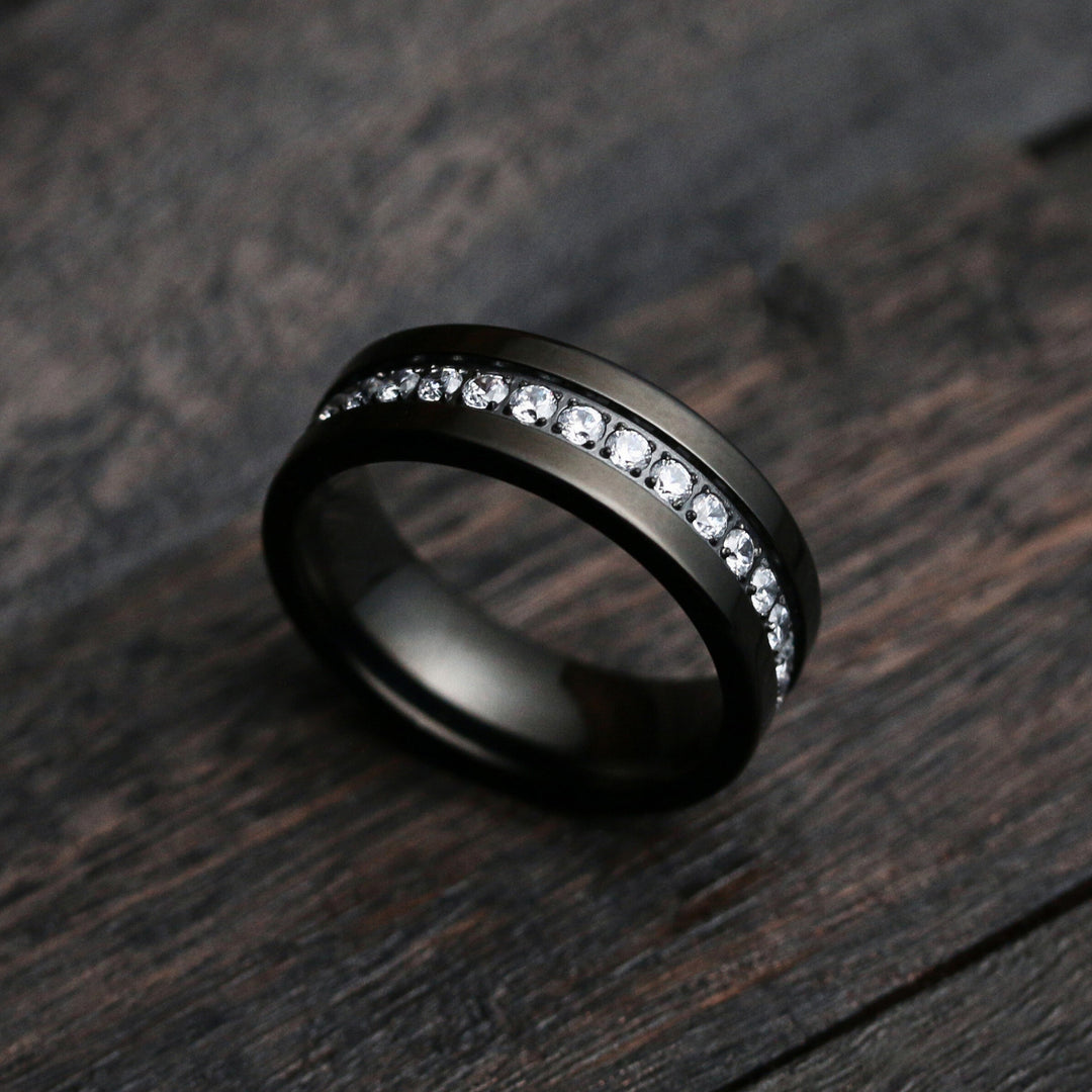 Men's Black Titanium Wedding Band With CZ Diamond Channel