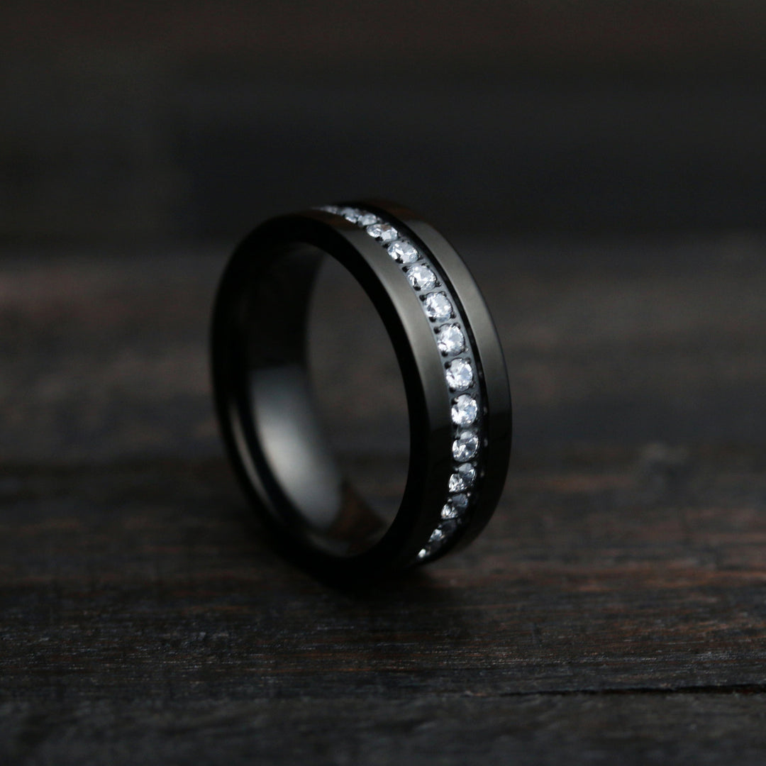 Men's Black Titanium Wedding Band With CZ Diamond Channel