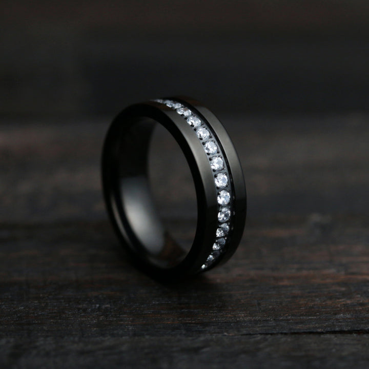 Men's Black Titanium Wedding Band With CZ Diamond Channel