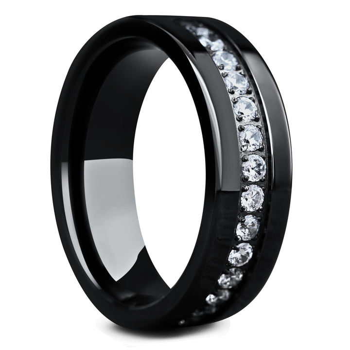 Men's - Black Titanium Wedding Band With CZ Diamond Channel: 7mm Width, Comfort Fit