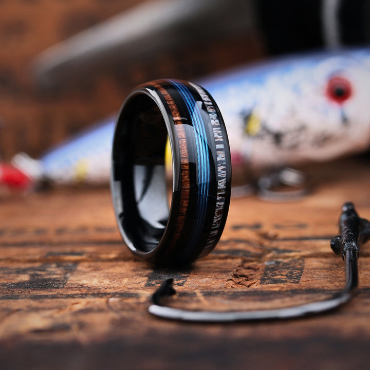Men's Black Tungsten Wedding Band Crafted Out Of Blue Fishing Line, Wood, and Antler