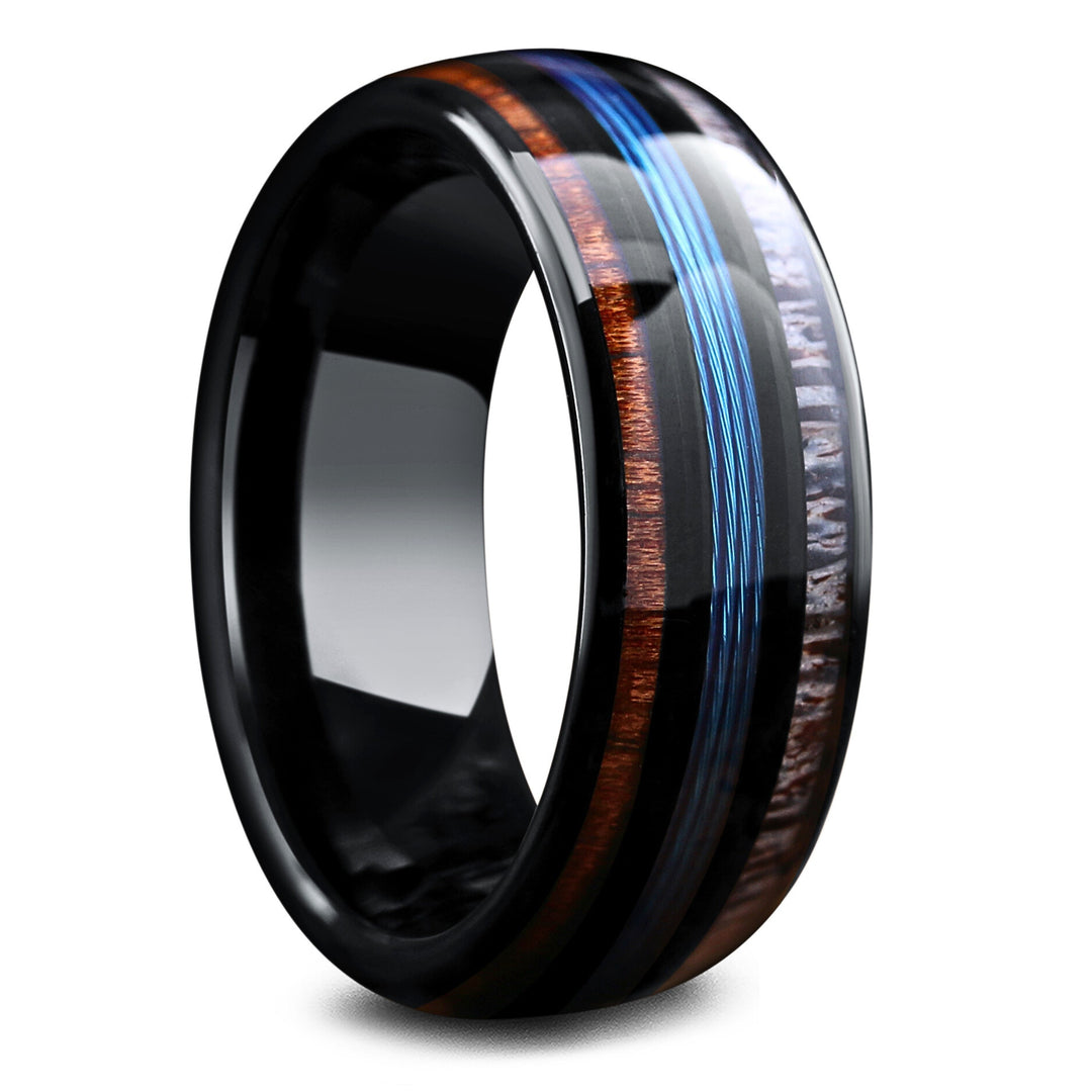 Men's Black Tungsten Wedding Band Crafted Out Of Blue Fishing Line, Wood, and Antler