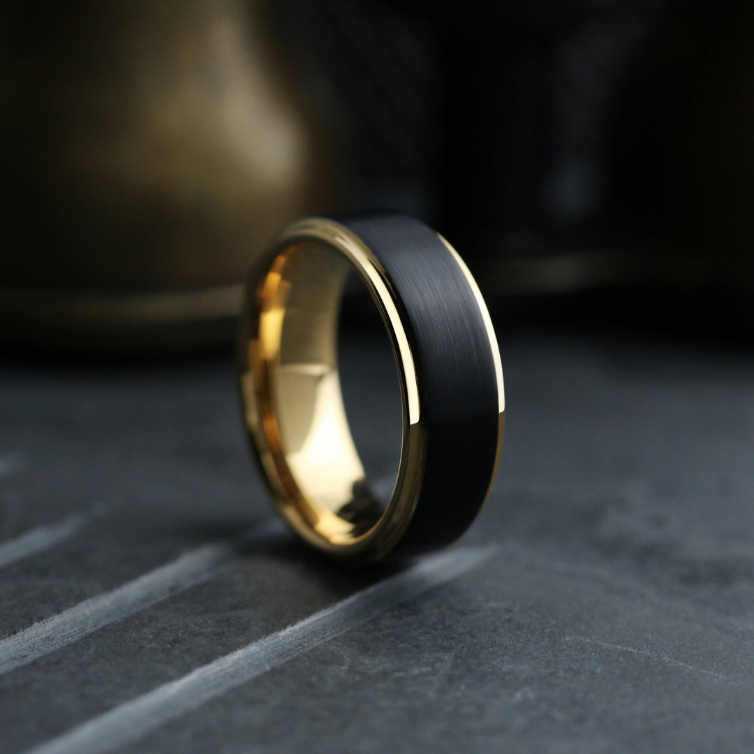 Men's Black and Yellow Gold Wedding Band - The Gatsby 3 / Men's Tungsten Yellow Gold Wedding Band