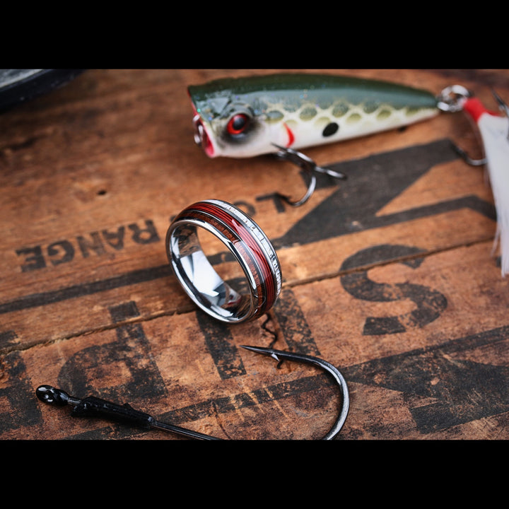 Men's Red Fishing Line Wedding Ring - Made Out of Red Fishing Line, Antler, and Wood.