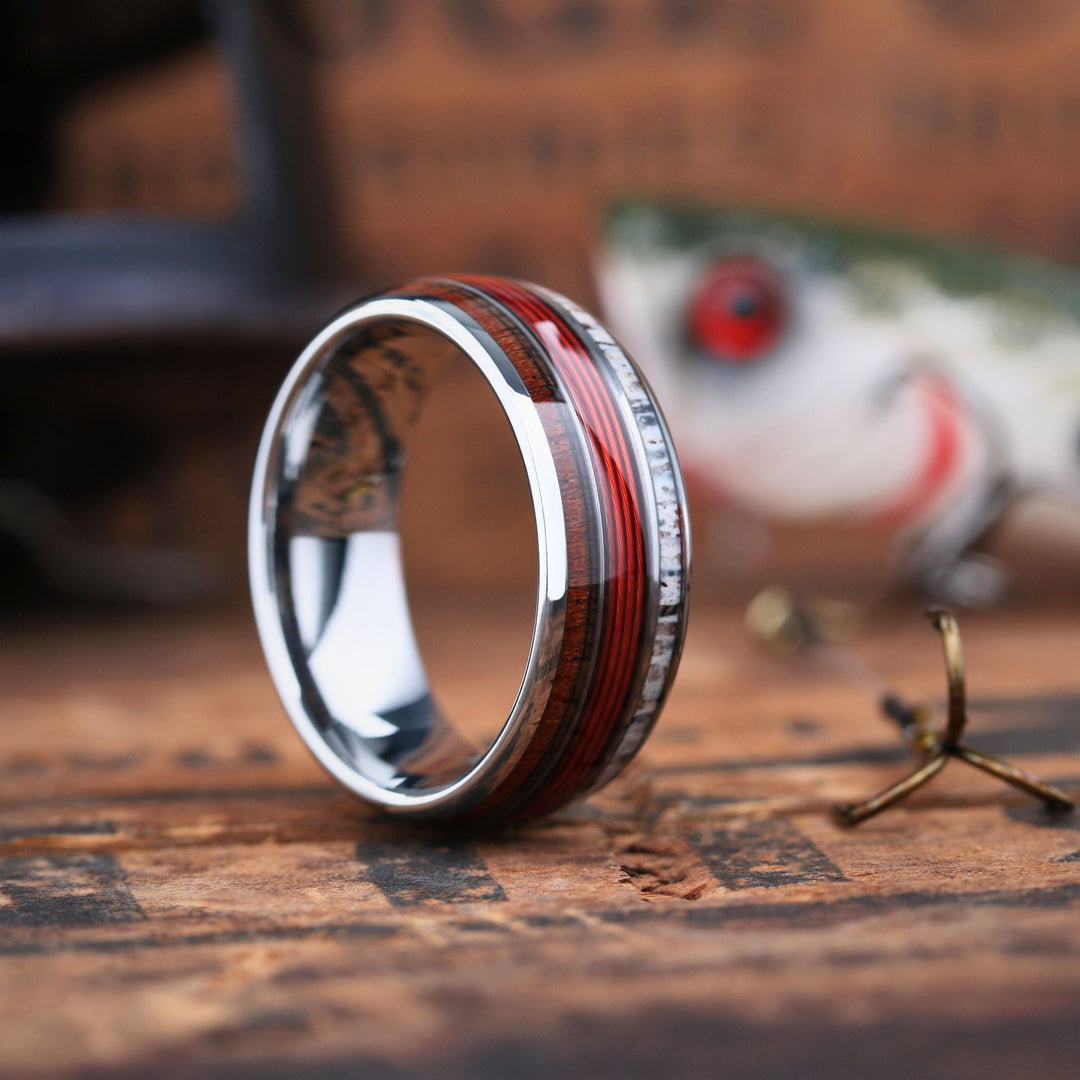 Men's Red Fishing Line Wedding Ring - Made Out of Red Fishing Line, Antler, and Wood.