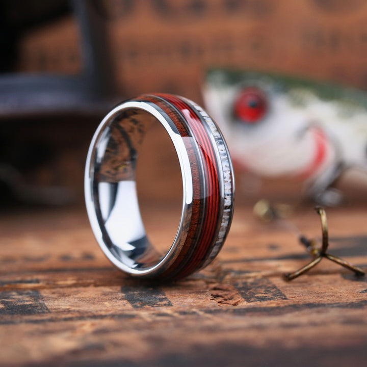 Men's Red Fishing Line Wedding Ring - Made Out of Red Fishing Line, Antler, and Wood.