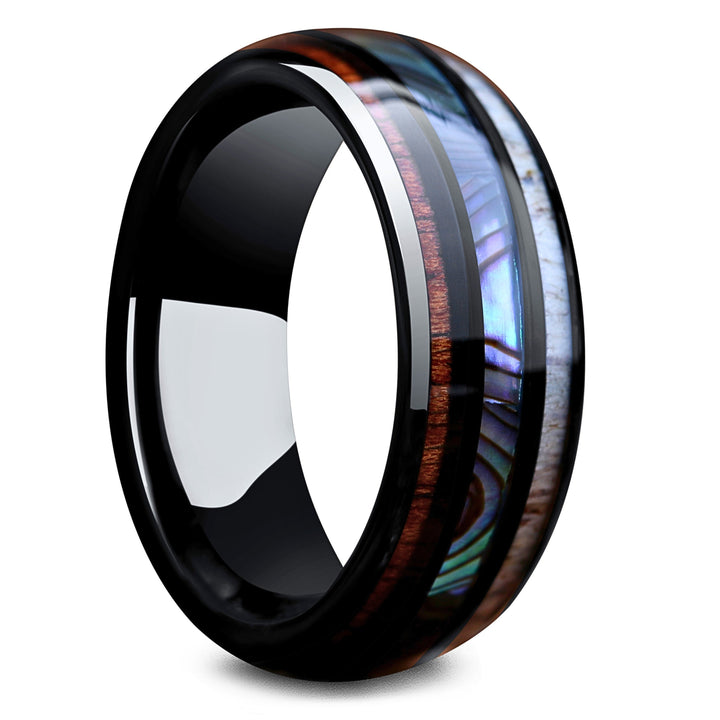 Men's Wedding Band / Wood, Abalone and Antler - Made Out of Tungsten Carbide 3