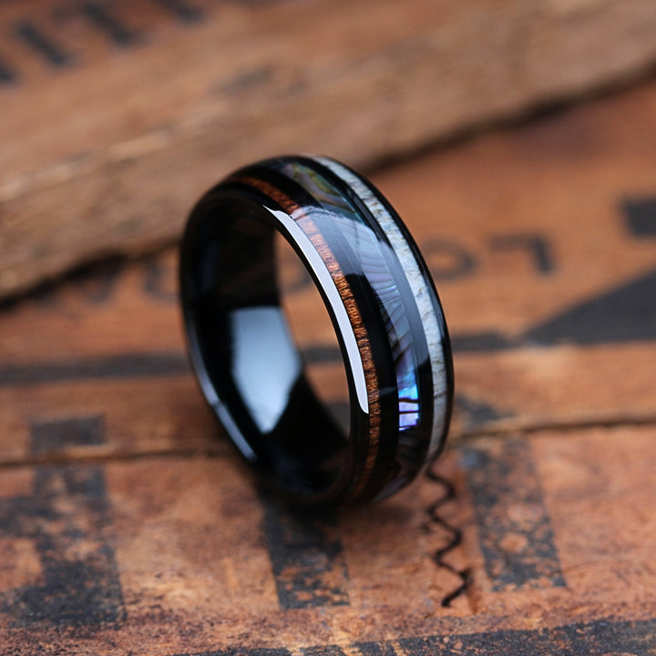 Men's Wedding Band / Wood, Abalone and Antler - Made Out of Tungsten Carbide 3
