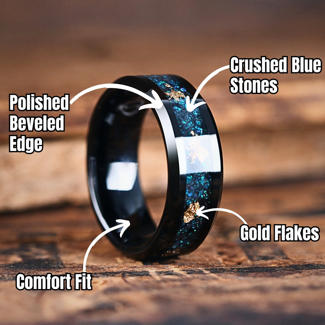 Blue Iron Ridge - Men's Black Plated Tungsten Wedding Band With Blue Crushed Stone and Gold Flakes