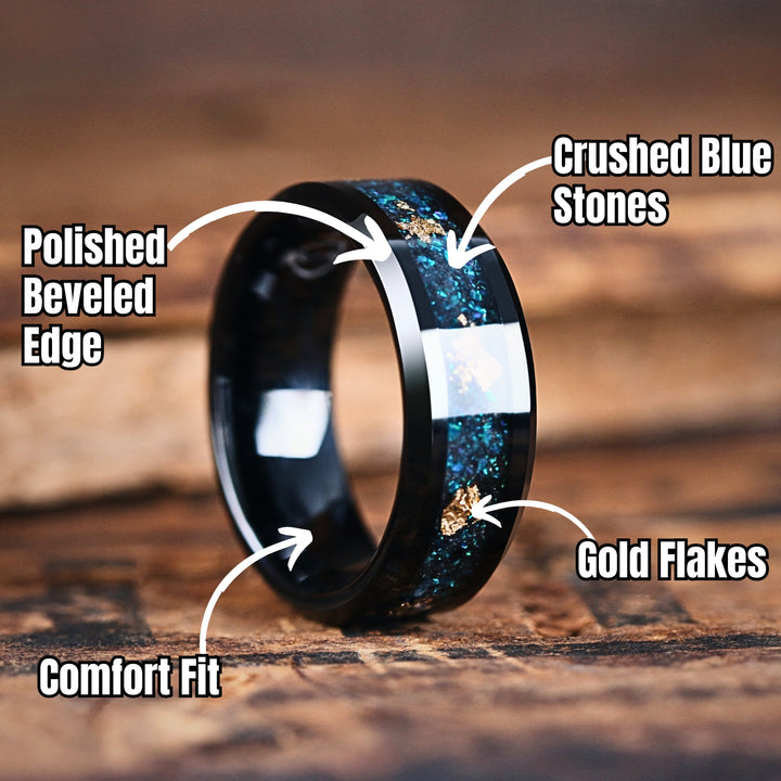 Blue Iron Ridge - Men's Black Plated Tungsten Wedding Band With Blue Crushed Stone and Gold Flakes