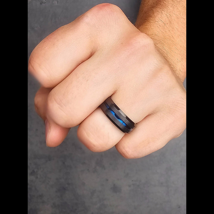 Men's Black and Blue Plated Tungsten Wedding Band with Blue Channel