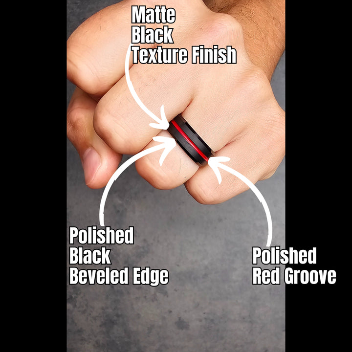 Fighter Fighter Men's Wedding Band - Black Tungsten Wedding Band With Red Line