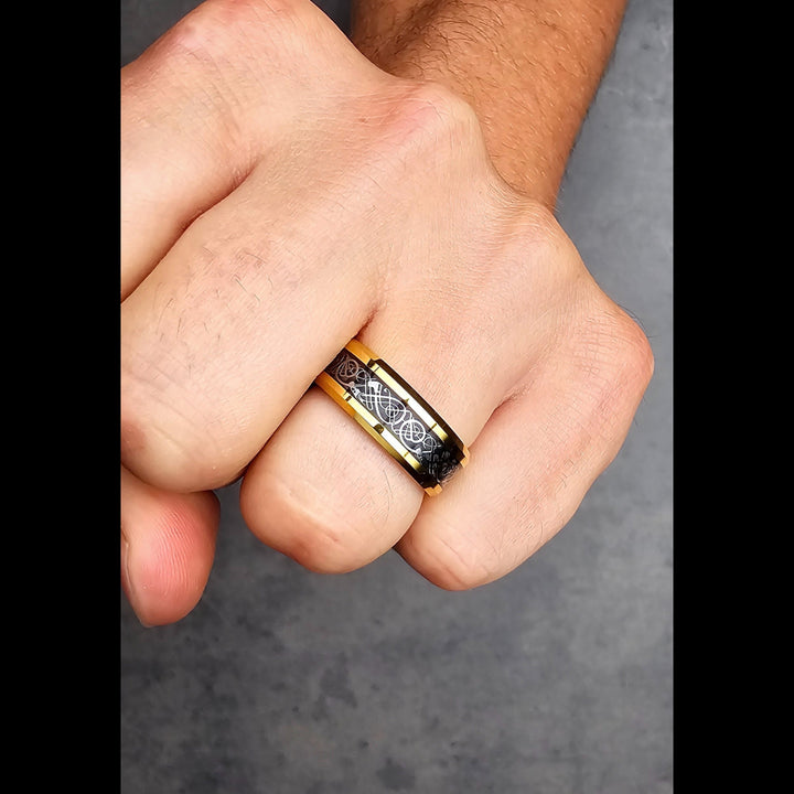Men's Gold Celtic Tungsten Wedding Band With Dragon Inlay