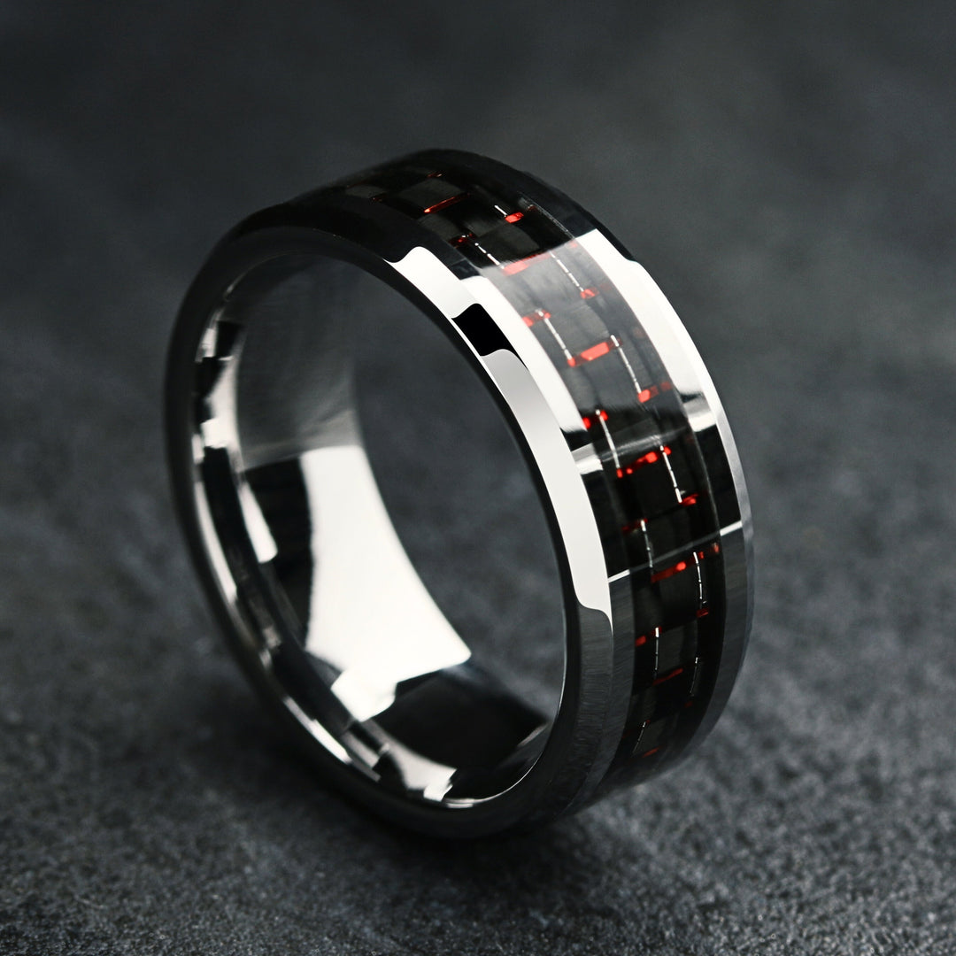 Men's Red and Black Carbon Fiber Wedding Band Crafted out of Tungsten 1