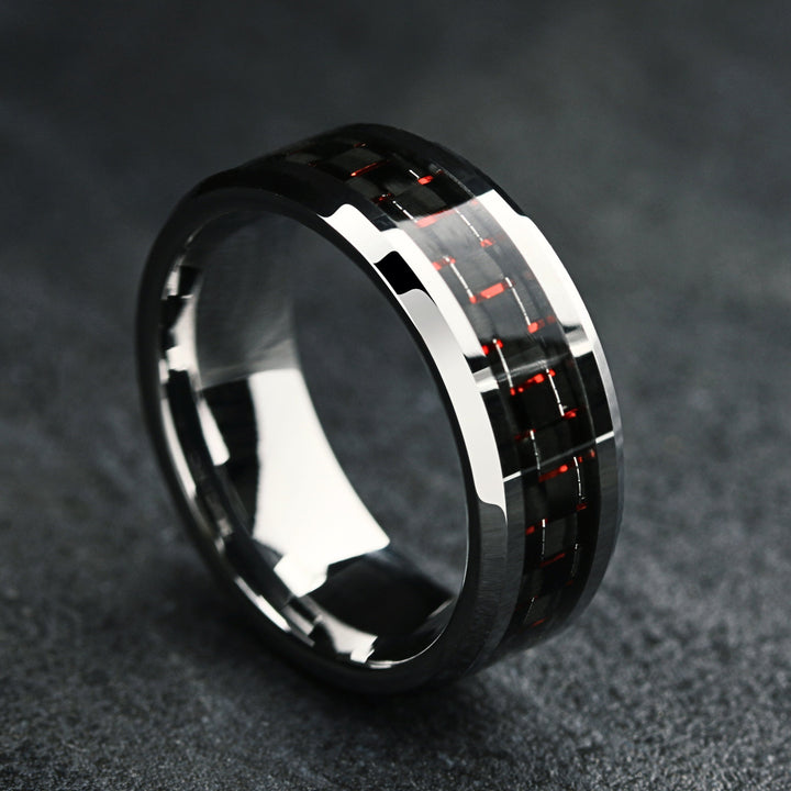 Men's Red and Black Carbon Fiber Wedding Band Crafted out of Tungsten 1