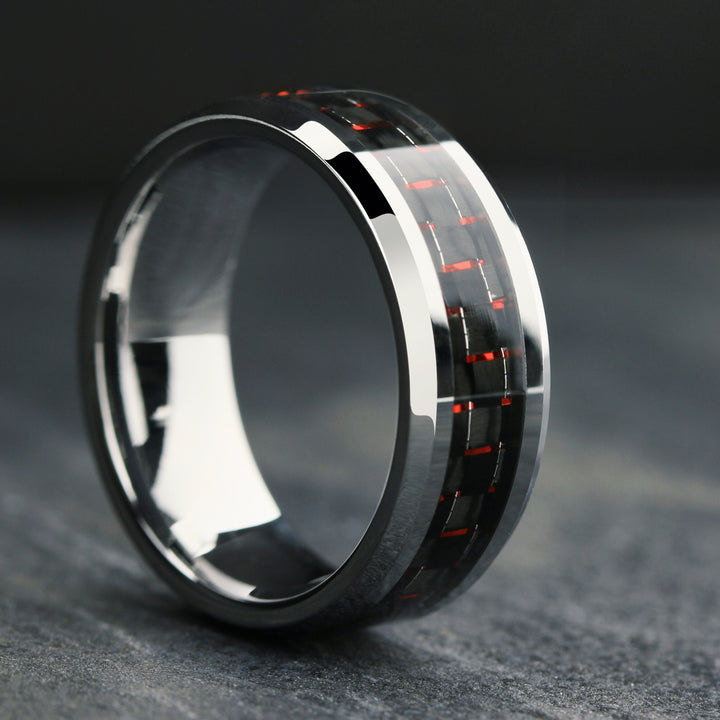 Mens Silver Plated Tungsten Wedding Band With Red and Black Carbon Fiber:8mm