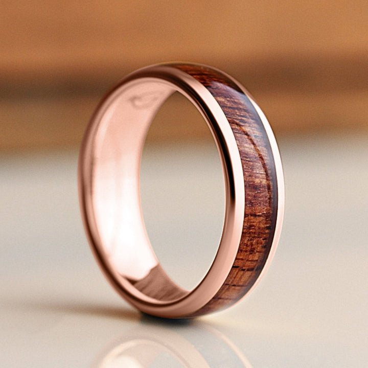 Men's Rose Gold Wedding Band With a Wood Inlay - 7mm Ring