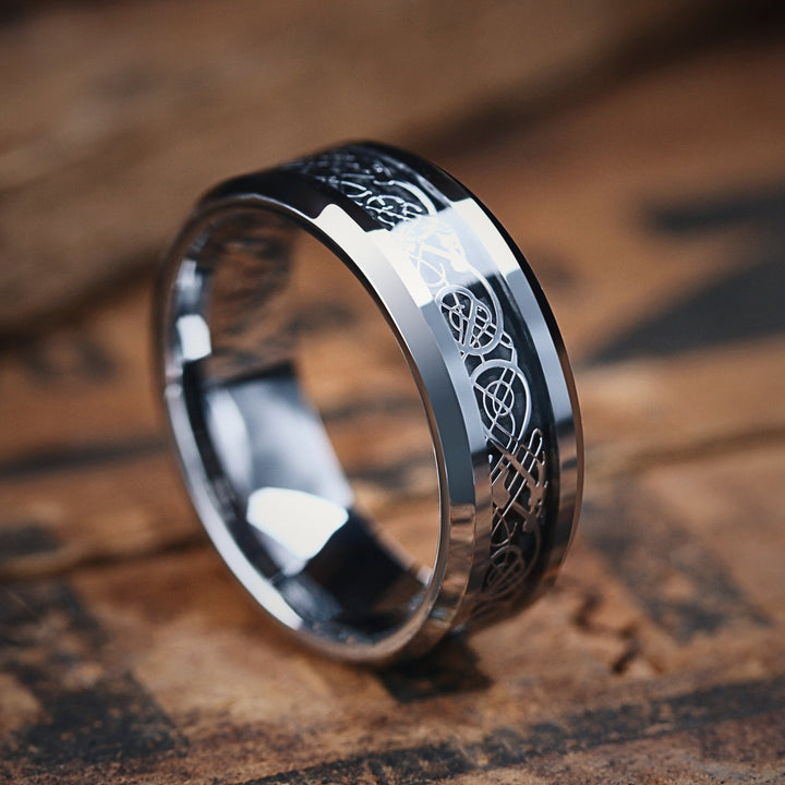 Men's Celtic Tungsten Wedding Band / Silver In Color / Celtic Inlay Resting on Top of Carbon Fiber: 8mm