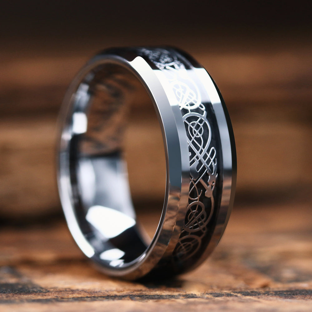 Men's Celtic Tungsten Wedding Band / Silver In Color / Celtic Inlay Resting on Top of Carbon Fiber: 8mm