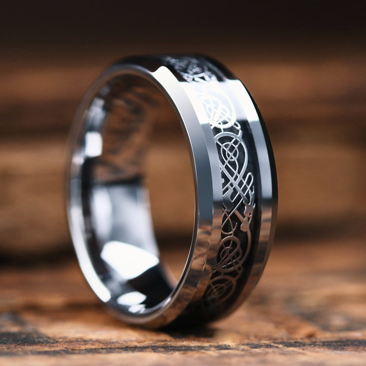 Men's Celtic Tungsten Wedding Band / Silver In Color / Celtic Inlay Resting on Top of Carbon Fiber: 8mm