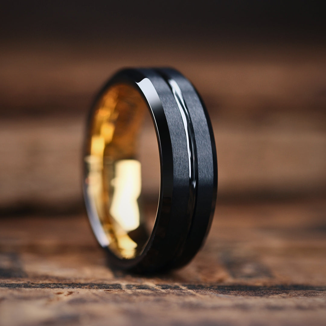 Men's Wedding Band / Black and Yellow Gold Tungsten Wedding Band