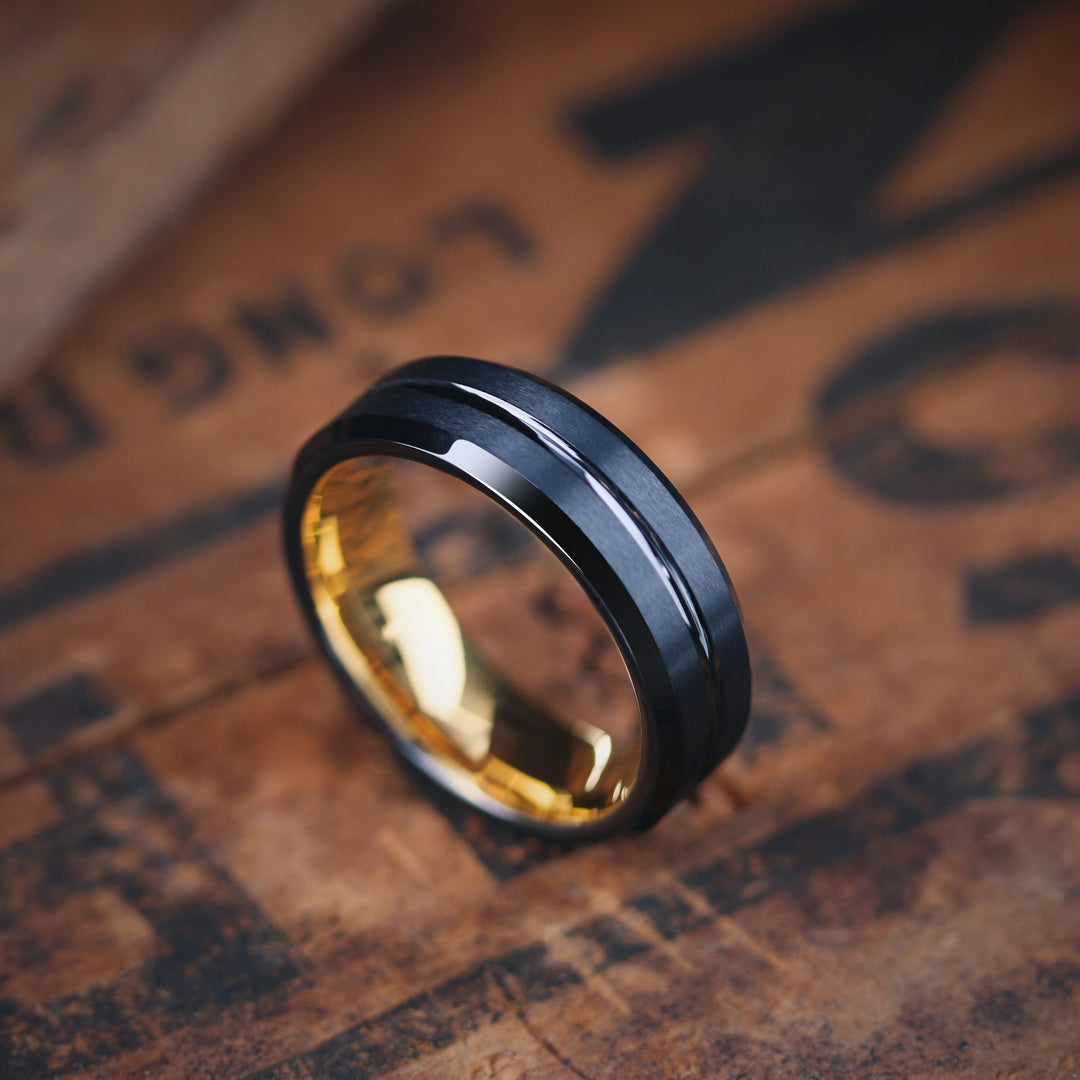 Men's Wedding Band / Black and Yellow Gold Tungsten Wedding Band