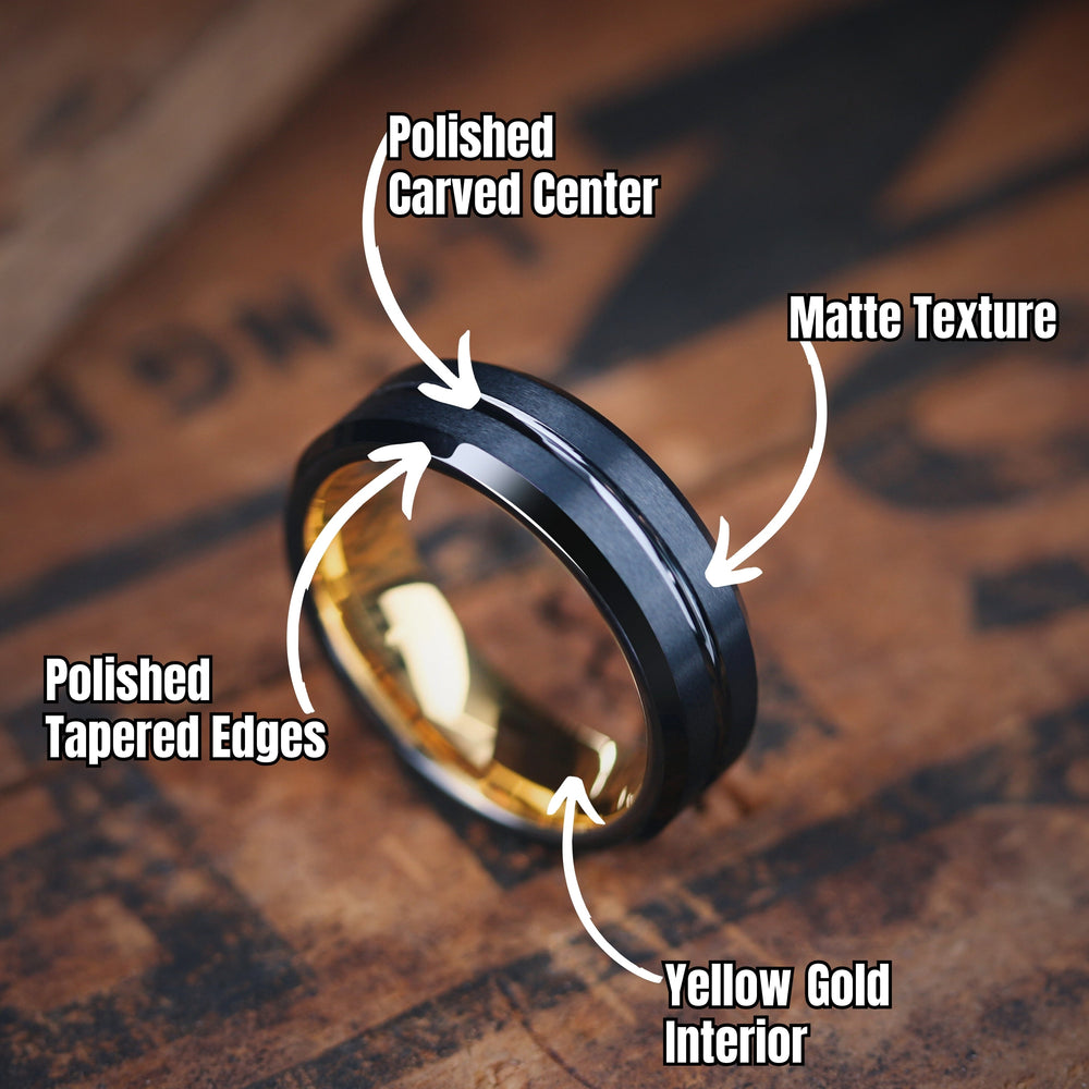 Men's Wedding Band / Black and Yellow Gold Tungsten Wedding Band