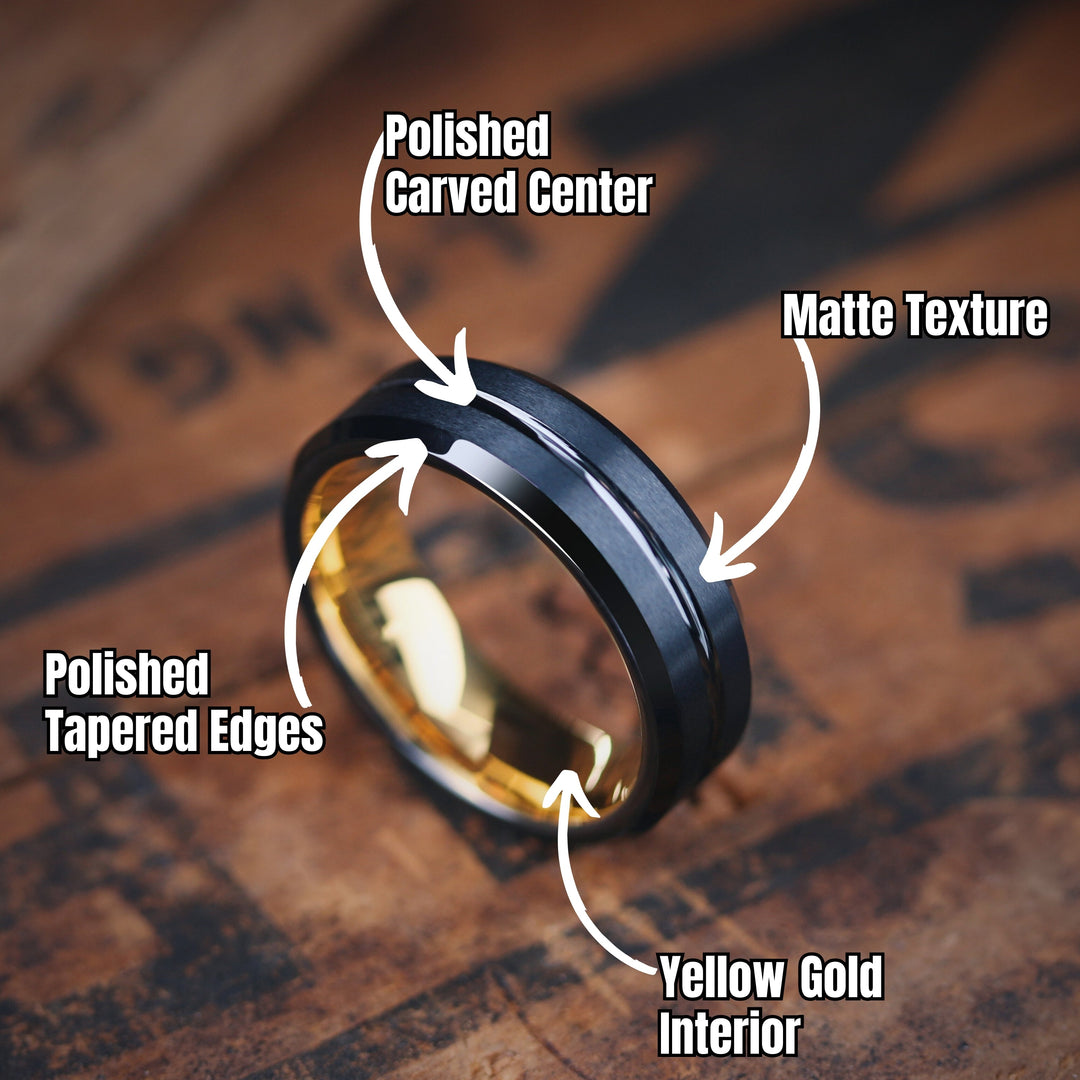 Men's Wedding Band / Black and Yellow Gold Tungsten Wedding Band