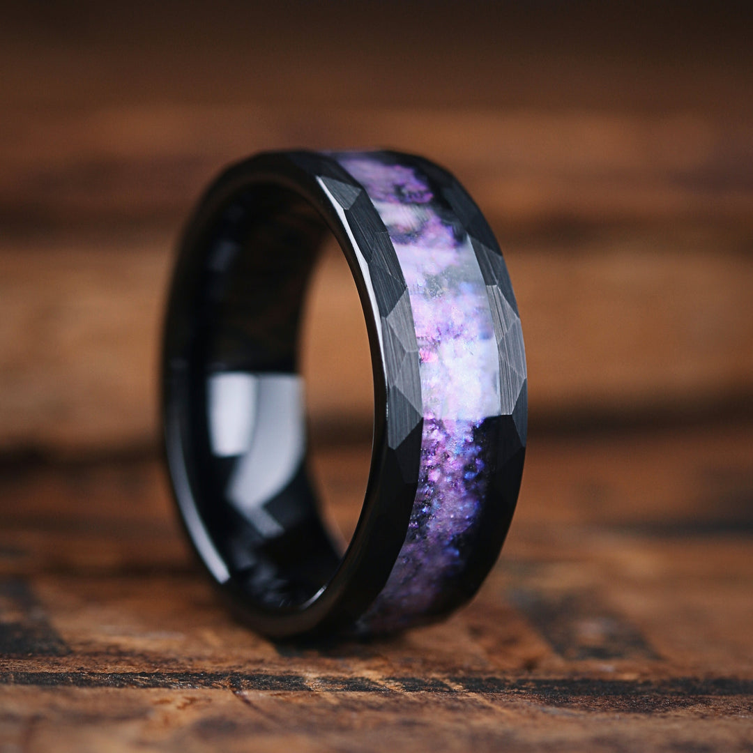 Men's Wedding Band With Purple and Crushed Blue Stones - Hammered Design: 8mm, Comfort Fit