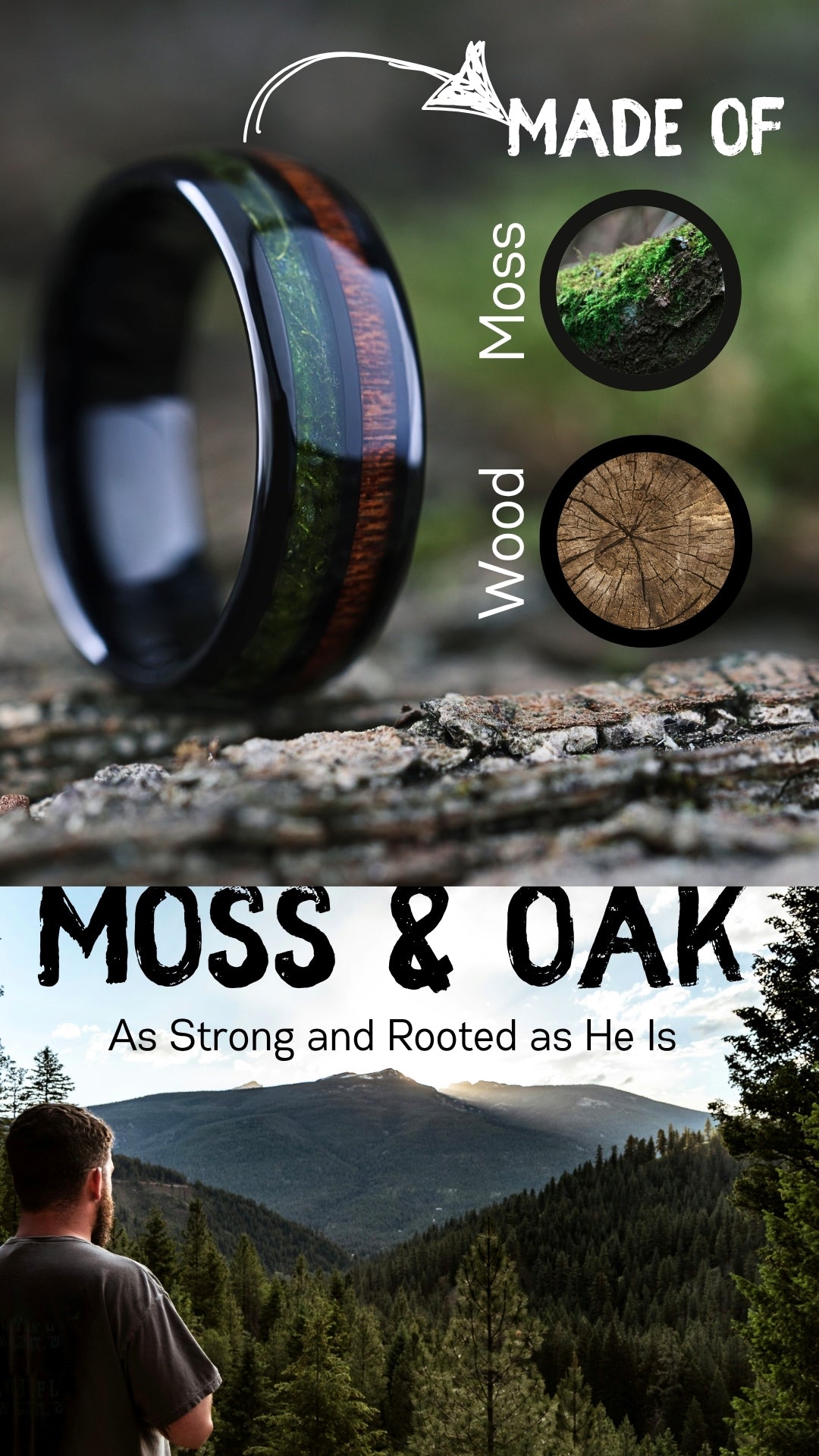 Wooden ring with 'Moss & Oak' branding and a scenic background