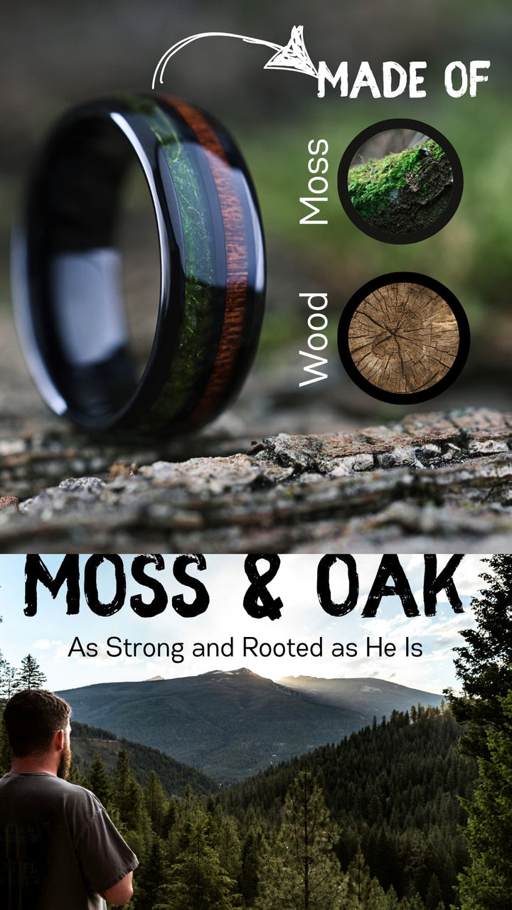 Wooden ring with 'Moss & Oak' branding and a scenic background