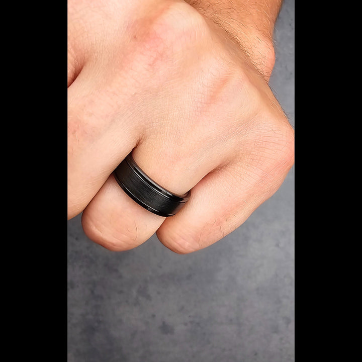 Nixon- Men's Black Brushed Tungsten Wedding Band With Double Grooves and Polished Beveled Edges