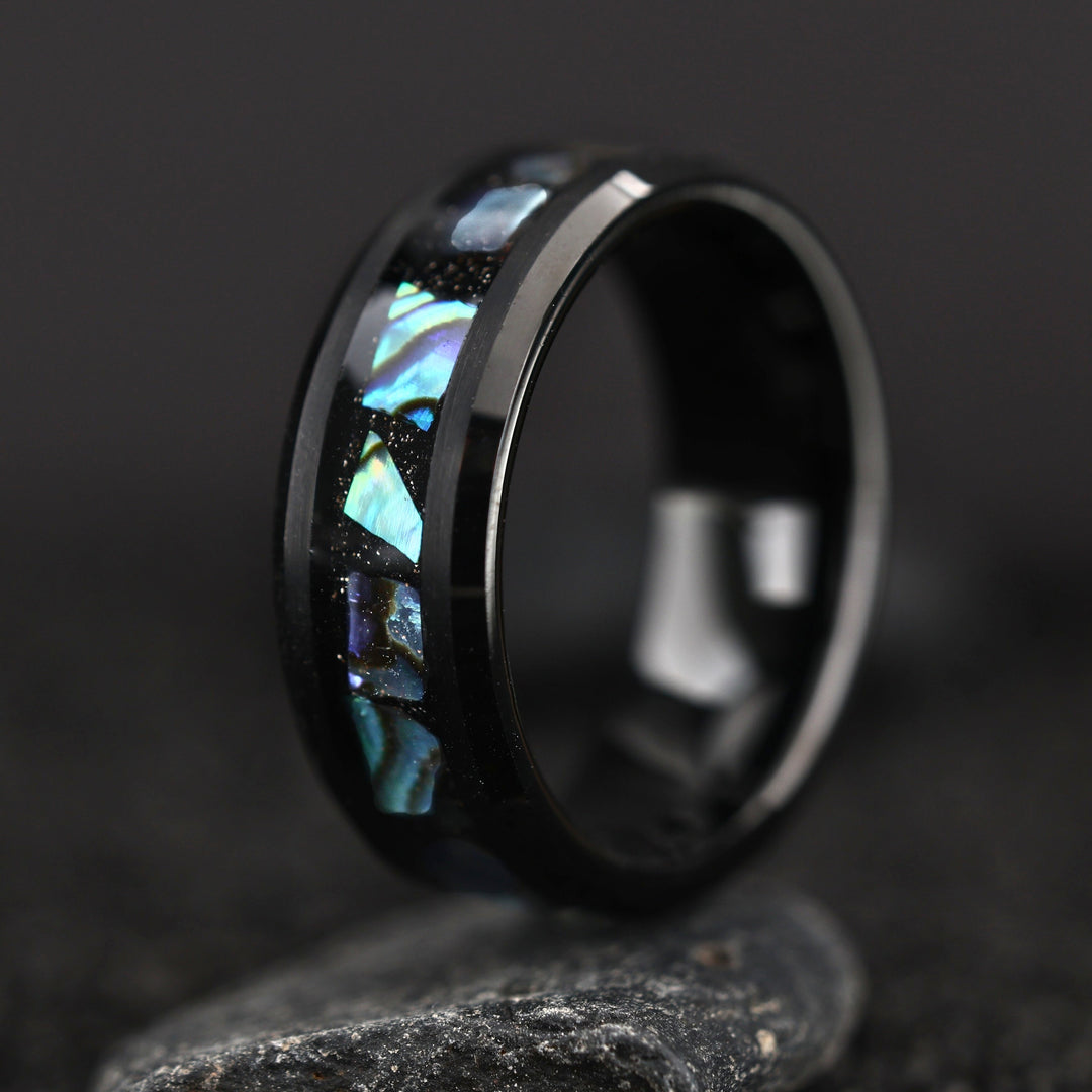 TiedBorn Men's Wedding Band With Crushed Stone and Abalone Chips