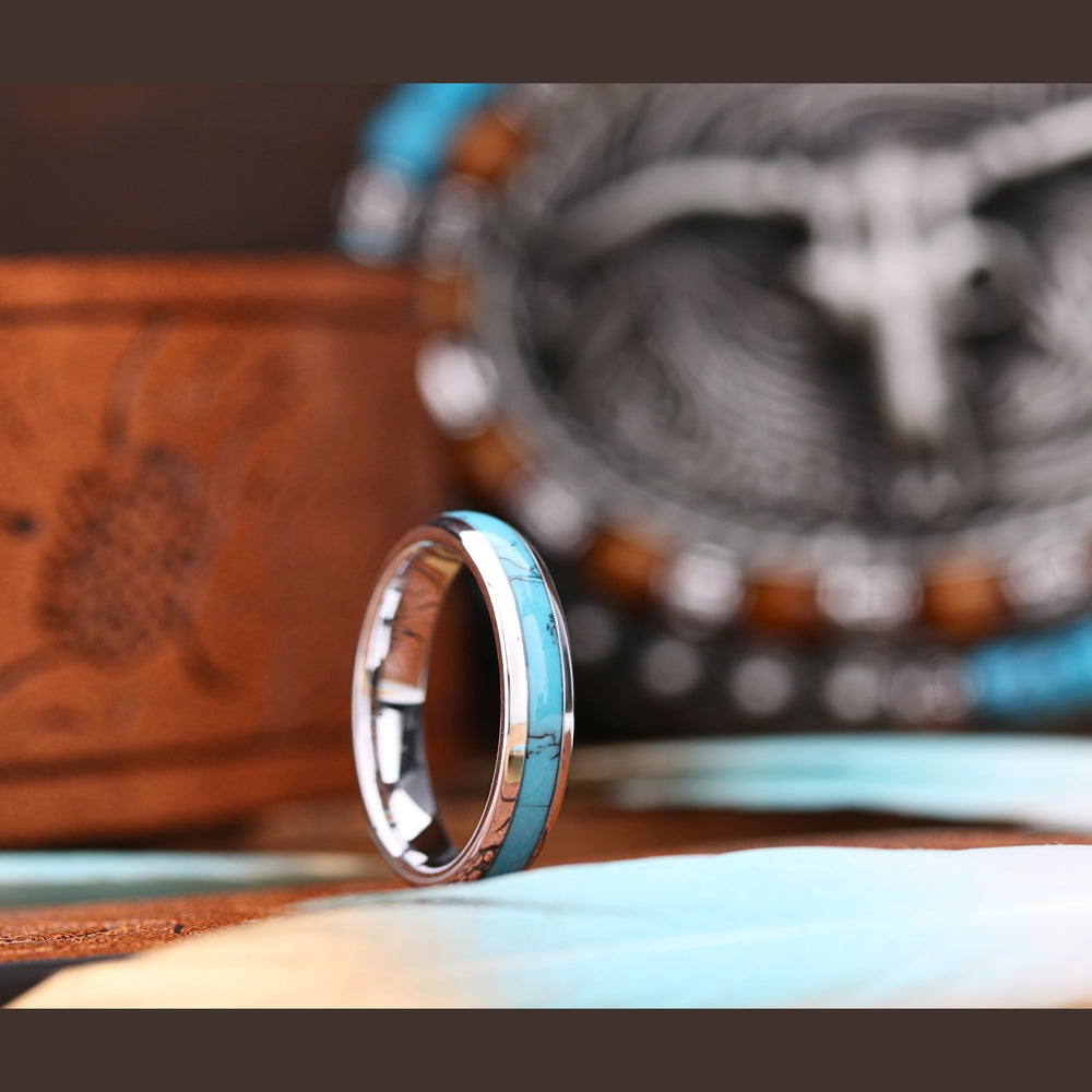 Women's Turquoise Wedding Band - Women's Western Wedding Ring Made out of Tungsten - 4mm, Silver
